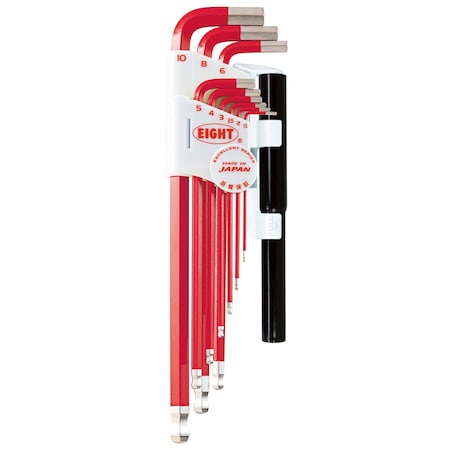 Eight Tool TAPER HEAD HEX KEY L-HANDLE EXTRA LONG SET, 9PC 1.5-10MM RED W/EXTENSION PIPES TLC-S9NPRE